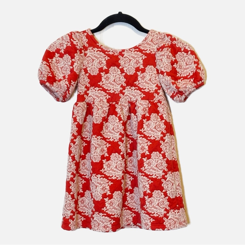 Janie and Jack Puff Sleeve Dress Red & White Floral Jacquard Knit Girls 5